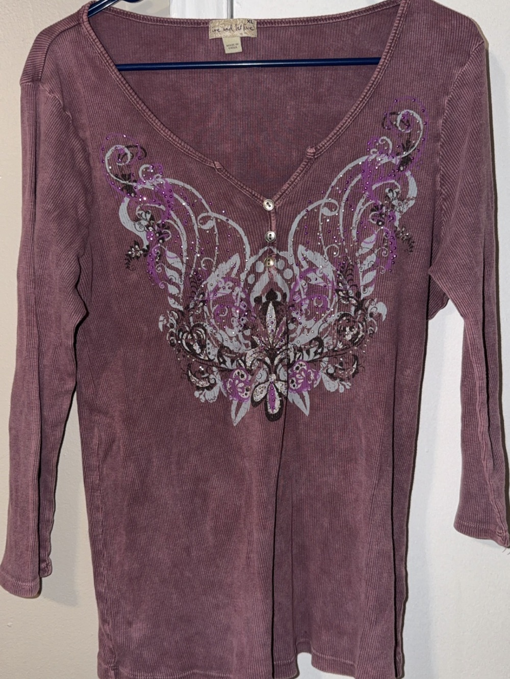 Womens XL Live And Let Live, Purple Y2K Embellished V-Neck Long Sleeve